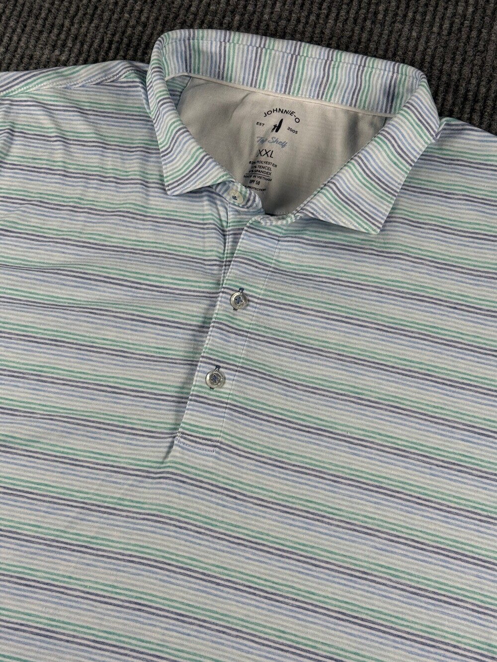 Johnnie O Top Shelf UPF 50 Performance Golf Polo Mens XXL Blue Green Striped
